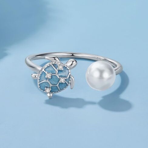 Shysnow Ocean Sea Animal Ring for Women Sterling Silver 925 Turtle Starfish Mermaid Conch Seashell Fish Pearl Ring with Blue Cubic Zirconias Summer Beach Jewelry in Kuwait