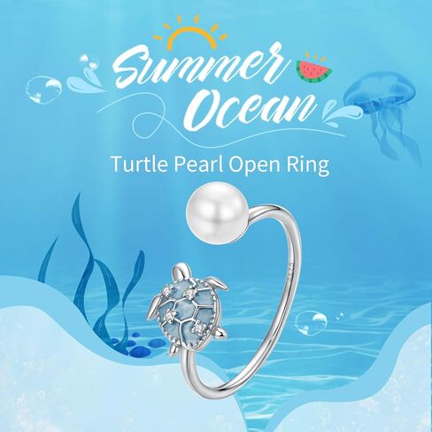 Shysnow Ocean Sea Animal Ring for Women Sterling Silver 925 Turtle Starfish Mermaid Conch Seashell Fish Pearl Ring with Blue Cubic Zirconias Summer Beach Jewelry in Kuwait