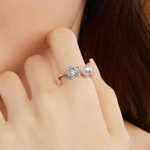 Shysnow Ocean Sea Animal Ring for Women Sterling Silver 925 Turtle Starfish Mermaid Conch Seashell Fish Pearl Ring with Blue Cubic Zirconias Summer Beach Jewelry in Kuwait