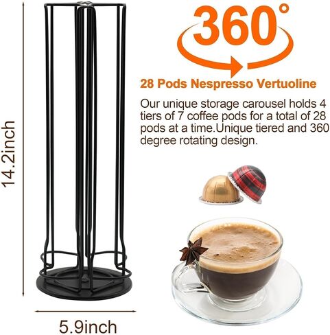 Vertuo Pod Holder Organizer for Nespresso, Holds 28 Pods, Lazy Susan Platform- Pinano Black, Ideal for Small Kitchens, Coffee Bars,Office break rooms- ONLY for Any VertuoLine Setup in Saudi Arabia