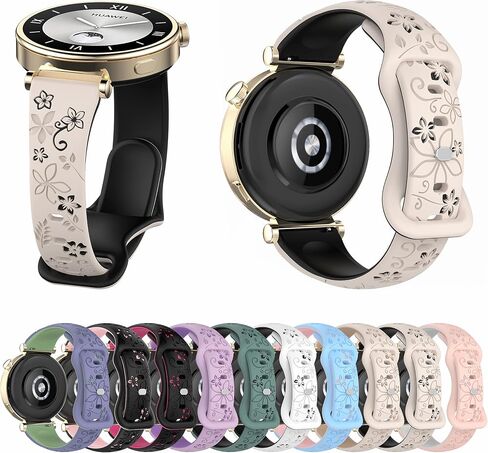 Two-Tone Floral Engraved Watch Bands Compatible with Gar-min Venu 3S,Vivoactive 4S,Vivomove 3S,Venu 2S Women Girls,18mm Slim Flower Thin Breathable Sport Silicone Strap for Forerunner 255S/265S in Saudi Arabia