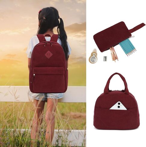 Corduroy School Backpack for Girls, Kids Teens School Bags Bookbags Set with Lunch Box Pencil Case (Black) in Kuwait