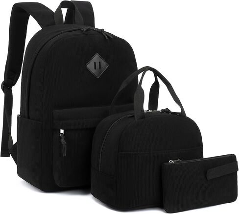 Corduroy School Backpack for Girls, Kids Teens School Bags Bookbags Set with Lunch Box Pencil Case (Black) in Kuwait