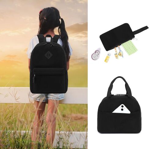 Corduroy School Backpack for Girls, Kids Teens School Bags Bookbags Set with Lunch Box Pencil Case (Black) in Kuwait