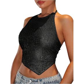 SweatyRocks Women's Sparkly Sequin Halter Crop Tops Tie Backless Party Cami Tops Clubwear in Saudi Arabia
