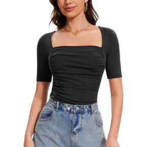 Amoretu Women's 2025 Ruched 1/2 Sleeve T-Shirts Square Neck Fitted Going Out Tops in Saudi Arabia