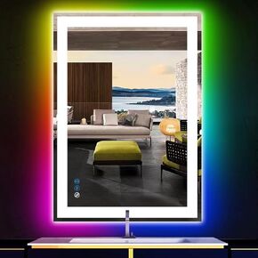 30 x 20 Inch Square LED Bathroom Mirror with Front Lights 3 Color + Rainbow RGB Backlit Light up Mirror for Bathroom Wall Mounted Lighted Vanity Mirror Anti Fog RGB 30x20 Smart Lighted Mirror in Saudi Arabia