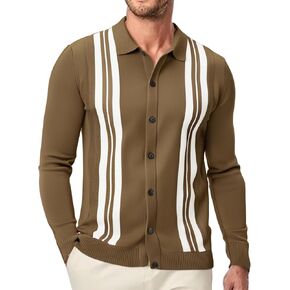 Esabel.C Men‘s Knit Button Down Shirts Long Sleeve Stripe Casual Ribbed Fashion Polo Shirts for Men in Kuwait
