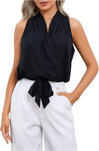 SOLY HUX Women's Wrap V Neck Blouse Tie Front Sleeveless Ruched Elegant Tank Tops in Kuwait