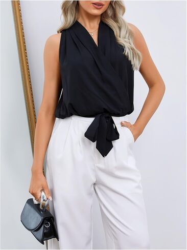 SOLY HUX Women's Wrap V Neck Blouse Tie Front Sleeveless Ruched Elegant Tank Tops in Kuwait