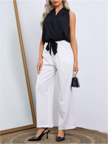 SOLY HUX Women's Wrap V Neck Blouse Tie Front Sleeveless Ruched Elegant Tank Tops in Kuwait