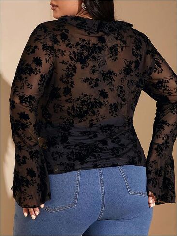 WDIRARA Women's Plus Size Floral Lace Sheer T Shirt Tie Front Long Bell Sleeve Tee Tops in Saudi Arabia