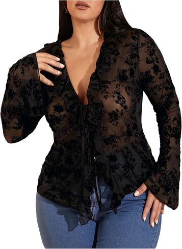 WDIRARA Women's Plus Size Floral Lace Sheer T Shirt Tie Front Long Bell Sleeve Tee Tops in Saudi Arabia