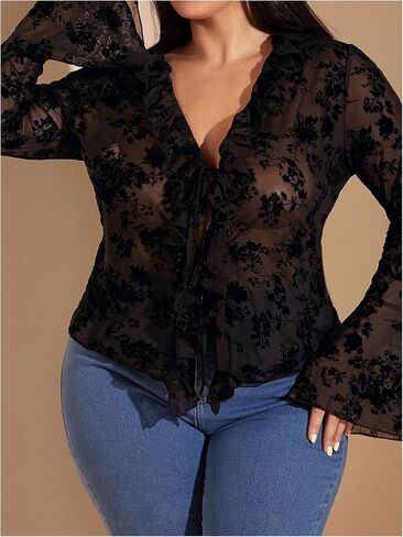 WDIRARA Women's Plus Size Floral Lace Sheer T Shirt Tie Front Long Bell Sleeve Tee Tops in Saudi Arabia