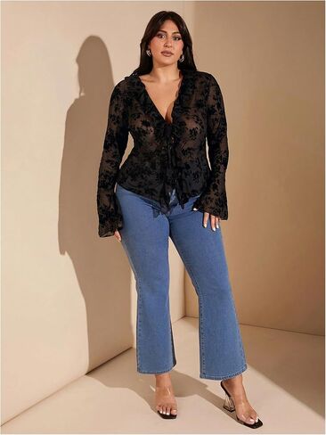 WDIRARA Women's Plus Size Floral Lace Sheer T Shirt Tie Front Long Bell Sleeve Tee Tops in Saudi Arabia