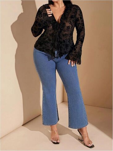 WDIRARA Women's Plus Size Floral Lace Sheer T Shirt Tie Front Long Bell Sleeve Tee Tops in Saudi Arabia
