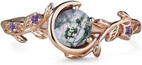 Natural Inspired Moss Agate Engagement Ringnique Birthday Gifts Moon Design Rose Gold Solitaire Leaf Wedding Ring Green Gems Jewelry By SHREESHYAMJEWELLS in Saudi Arabia