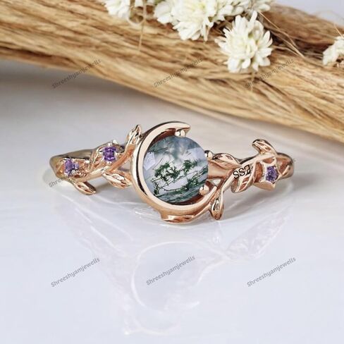 Natural Inspired Moss Agate Engagement Ringnique Birthday Gifts Moon Design Rose Gold Solitaire Leaf Wedding Ring Green Gems Jewelry By SHREESHYAMJEWELLS in Saudi Arabia