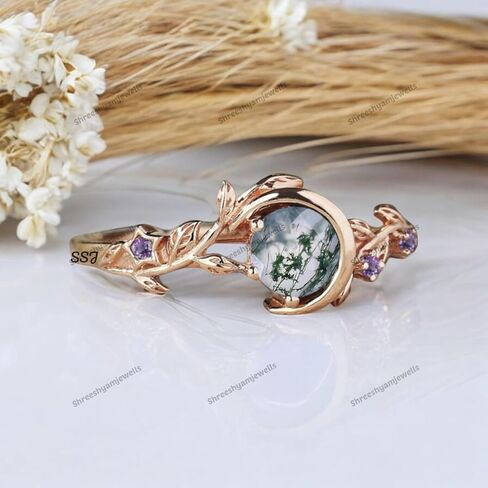 Natural Inspired Moss Agate Engagement Ringnique Birthday Gifts Moon Design Rose Gold Solitaire Leaf Wedding Ring Green Gems Jewelry By SHREESHYAMJEWELLS in Saudi Arabia
