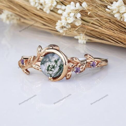 Natural Inspired Moss Agate Engagement Ringnique Birthday Gifts Moon Design Rose Gold Solitaire Leaf Wedding Ring Green Gems Jewelry By SHREESHYAMJEWELLS in Saudi Arabia
