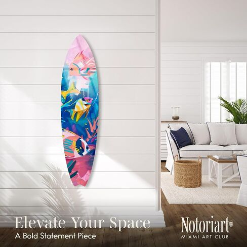 Colorful Sea Life Surfboard Acrylic Wall Art Die-Cut Coastal Modern High-Gloss Home Decor, 15" x 60" in Saudi Arabia