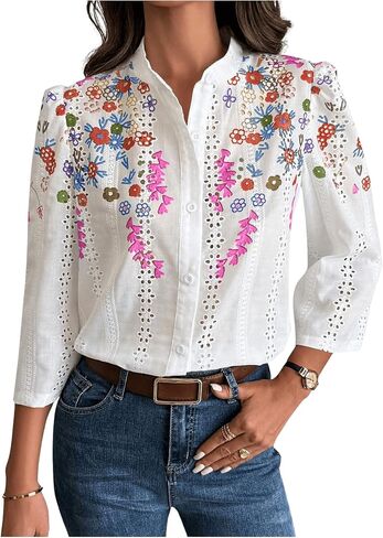 Oyoangle Women's Floral Eyelet Band Band Collared 3/4 Puff Sleeve Blouses Button Down Dismal in Saudi Arabia