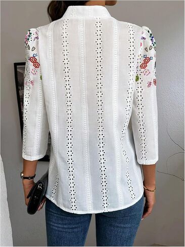Oyoangle Women's Floral Eyelet Band Band Collared 3/4 Puff Sleeve Blouses Button Down Dismal in Saudi Arabia