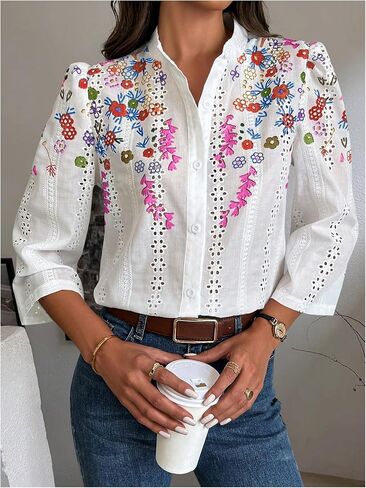 Oyoangle Women's Floral Eyelet Band Band Collared 3/4 Puff Sleeve Blouses Button Down Dismal in Saudi Arabia