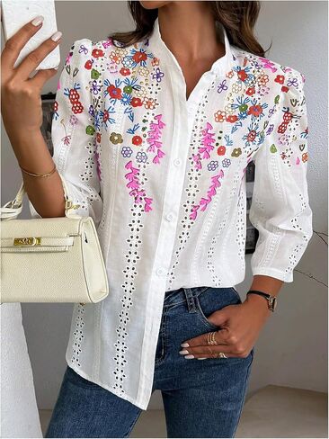 Oyoangle Women's Floral Eyelet Band Band Collared 3/4 Puff Sleeve Blouses Button Down Dismal in Saudi Arabia