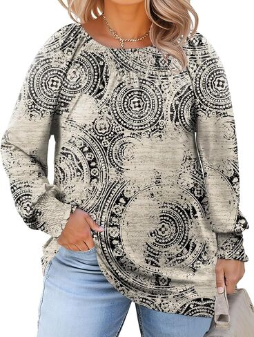 Micoson Womens Plus Size Tops Long Sleeve Dorts Crewneck Blouses Blouses Dary Dishal Fashion Tup (1x-5x) in Kuwait