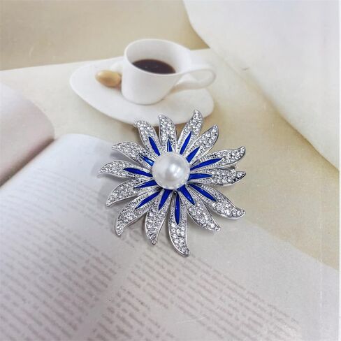 أنيقة عباد الشمس الأنيقة CZ White Pearl Blue المينا دبابيس صاخبة صدر السترة للنساء لذيذ براعم الكريستال زهرة الدبوس الدبوس المجوهرات لحفلات لباس الحفلات إكسسوارات ملحقات الملابس لعيد الشكر لها in Kuwait
