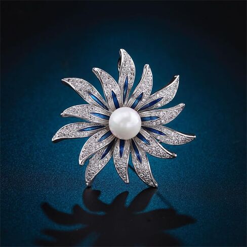 أنيقة عباد الشمس الأنيقة CZ White Pearl Blue المينا دبابيس صاخبة صدر السترة للنساء لذيذ براعم الكريستال زهرة الدبوس الدبوس المجوهرات لحفلات لباس الحفلات إكسسوارات ملحقات الملابس لعيد الشكر لها in Kuwait