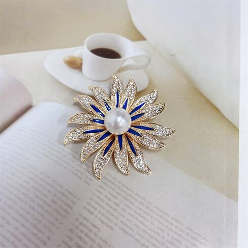 أنيقة عباد الشمس الأنيقة CZ White Pearl Blue المينا دبابيس صاخبة صدر السترة للنساء لذيذ براعم الكريستال زهرة الدبوس الدبوس المجوهرات لحفلات لباس الحفلات إكسسوارات ملحقات الملابس لعيد الشكر لها in Saudi Arabia