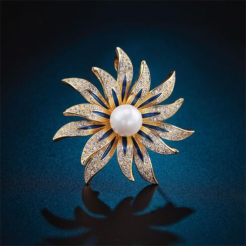 أنيقة عباد الشمس الأنيقة CZ White Pearl Blue المينا دبابيس صاخبة صدر السترة للنساء لذيذ براعم الكريستال زهرة الدبوس الدبوس المجوهرات لحفلات لباس الحفلات إكسسوارات ملحقات الملابس لعيد الشكر لها in Saudi Arabia