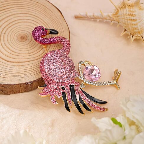 Kokoma Pink Rhinestone Flamingo Brooch Pin for Women Shiny CZ Crystal Animal Badge Brooches Lapel Pins Christmas Corsage Cloth Dress Suit Tie Accessories Jewelry in Saudi Arabia