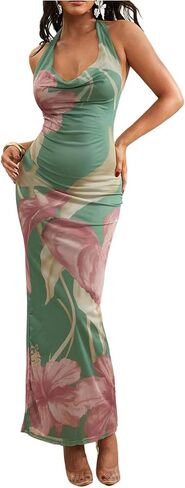 Soly Hux Women's Floral Halter Maxi Dress Draped Cowl Neck Backless Bodycon Wedding Guest Guest Party Mesh Cocktail Long in Kuwait