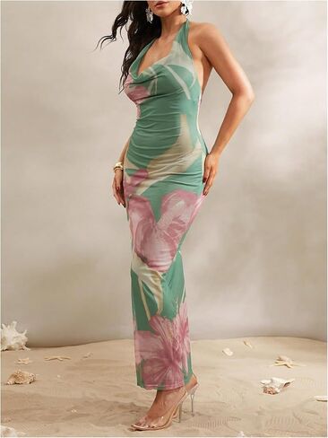 Soly Hux Women's Floral Halter Maxi Dress Draped Cowl Neck Backless Bodycon Wedding Guest Guest Party Mesh Cocktail Long in Kuwait