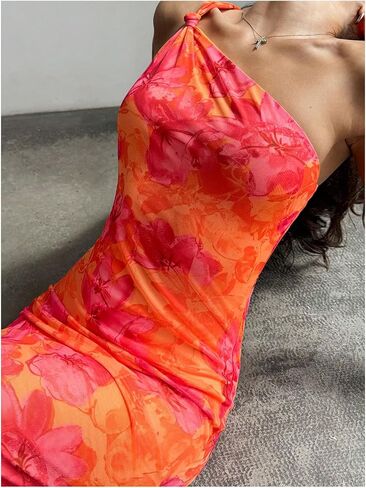 Gorglitter نساء الأزهار غير متناظرة bodycon maxi طويلة لباس واحد التخرج الصيف يخرج من أشعة الشمس in Kuwait