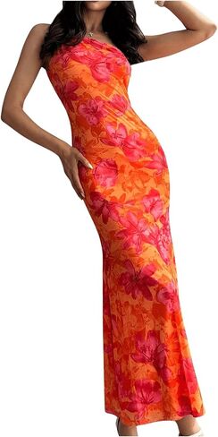 GORGLITTER Women's Floral Asymmetrical Bodycon Maxi Long Dress One Shoulder Summer Graduation Going Out Sundresses in Saudi Arabia