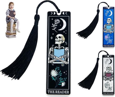 Skeleton Tarot Metal Bookmark with Tassels – Funny Gothic Horror Bookmark, Unique Skull Tarot Card Bookmark for Book Lovers – Perfect Gift for Women, Men, Teens on Christmas (Black) in Kuwait