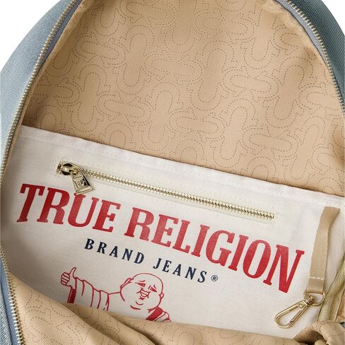 True Religion Backpack, Horseshoe Logo and Zip Pockets Travel Bag, Denim in Saudi Arabia
