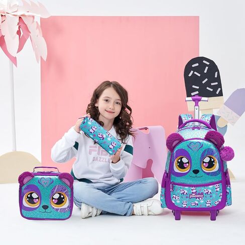 حقيبة الظهر مع عجلات للأطفال على ظهر حقيبة ظهر للفتيات 8-12 أسطوانة للبنات لطيف Kawaii مع علبة قلم الرصاص صندوق الغداء إلى اللوازم المدرسية in Saudi Arabia