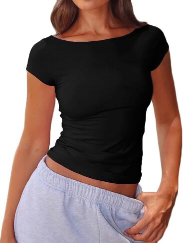 Women's Sexy Boat Neck Short Sleeve Baby Tees Soft Cotton Summer T-Shirts in Saudi Arabia