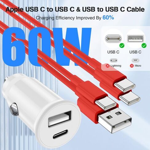 بالنسبة إلى iPhone 16 15 Pro Max Car Charger Charging Fast Charging ، [Apple MFI Certified] 40W PORT DUAL USB C CAR ADAPTER مع كابل شحن USB C 6FT CONS لـ iPhone 16 Plus/16 Pro Max/15 Pro Max ، iPad-white in Kuwait