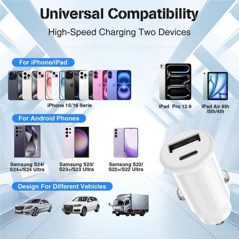 بالنسبة إلى iPhone 16 15 Pro Max Car Charger Charging Fast Charging ، [Apple MFI Certified] 40W PORT DUAL USB C CAR ADAPTER مع كابل شحن USB C 6FT CONS لـ iPhone 16 Plus/16 Pro Max/15 Pro Max ، iPad-white in Kuwait