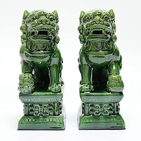 Dancai Ceramic Foo Dogs ، زوج من أسرة Tang Feng Shui Guardian Lions ، التماثيل المصنوعة يدويًا لديكور المنزل والمكاتب ، الأخضر ، 5.12 * 7.48in in Kuwait