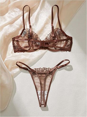 SOLY HUX Women's 2 Piece Mesh Lingerie Set Floral Embroidered Sheer Underwire Bra and Thong Set in Saudi Arabia