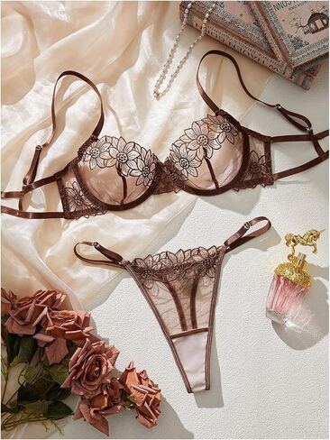 SOLY HUX Women's 2 Piece Mesh Lingerie Set Floral Embroidered Sheer Underwire Bra and Thong Set in Saudi Arabia