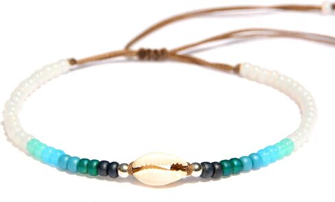 White Anklet for Women and Teen Girls, Adjustable Waterproof Natural Cowrie Seashell Beaded Ankle Bracelet, White & Sterling Silver Beads, Boho Beach Summer Hawaiian Style Jewelry, Handmade by Tribes in Kuwait