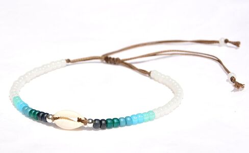 White Anklet for Women and Teen Girls, Adjustable Waterproof Natural Cowrie Seashell Beaded Ankle Bracelet, White & Sterling Silver Beads, Boho Beach Summer Hawaiian Style Jewelry, Handmade by Tribes in Kuwait